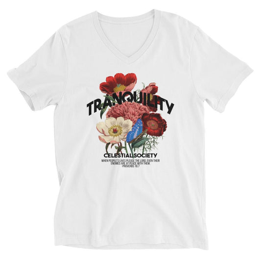 Tranquility White Unisex Short Sleeve V - Neck T - Shirt - Celestial Society